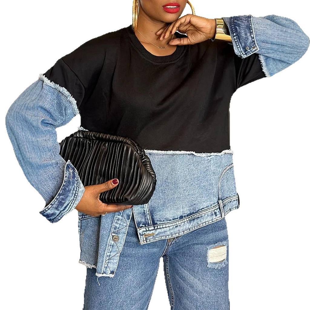 Women's Black Top with Denim Sleeve Patchwork Design