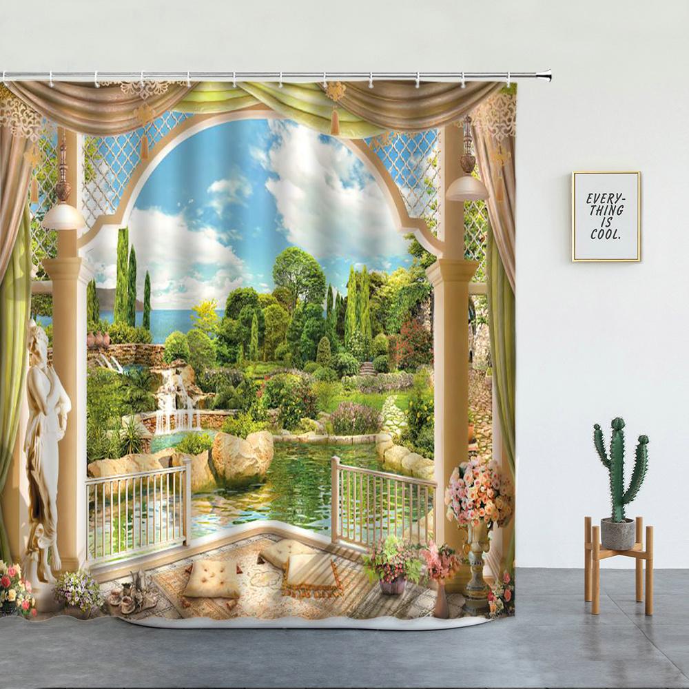 

Flowers Arch Bridge Landscape Waterproof Shower Curtains Home Decor Bathroom Curtain Polyester Fabric Background Wall Decoration W60H190(CM)-1 Pcs