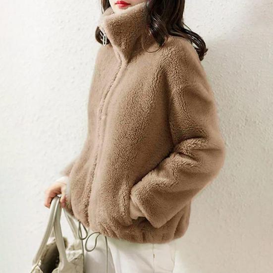 Women's Fuzzy Fleece Jacket Long Sleeve Stand Collar Full Zip Up Sherpa Coat Fall Winter Warm Jacket with Pockets
