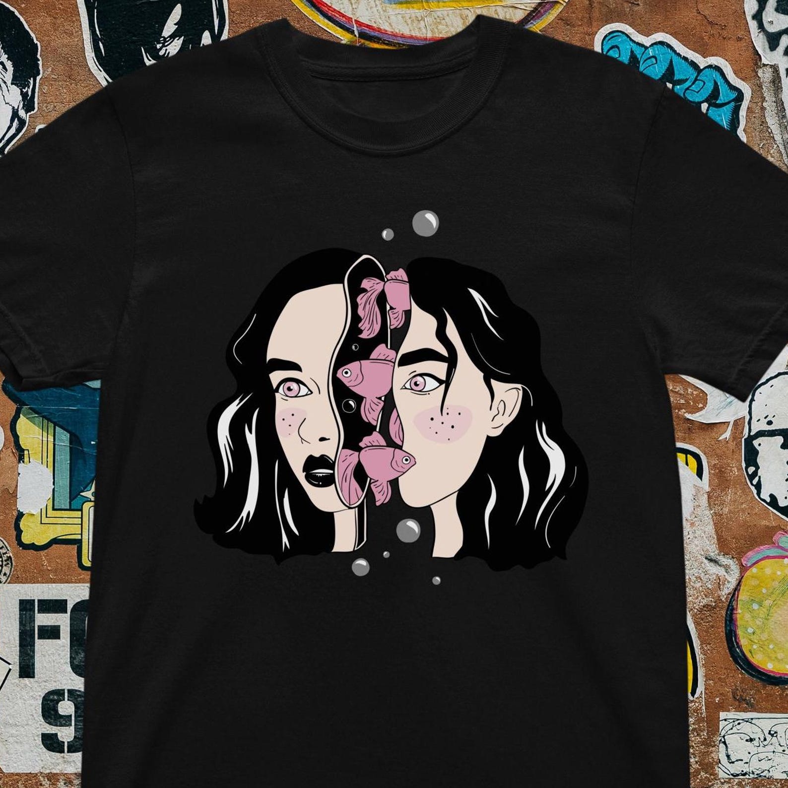 Surreal Pop Art T-Shirt: Dual Face Graphic Illustration S