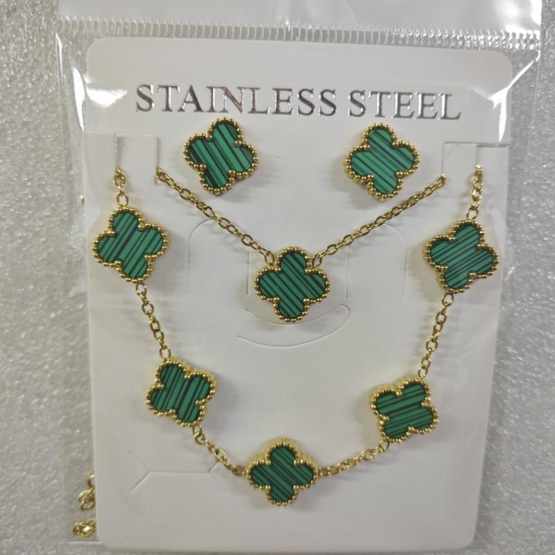 13mm Clover Pendant Necklace Bracelet Earring Set 18K Gold Plated Stainless Steel Jewelry Women Men
