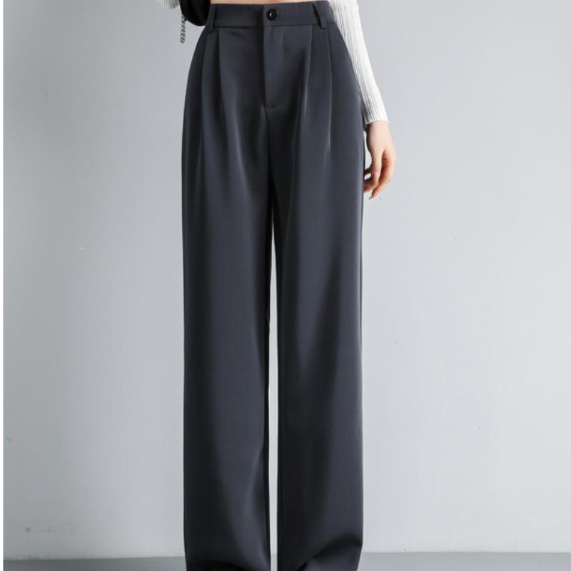 Fashion New Solid Straight Casual Wide Leg Pants Women Elegant Slim Fit High Waist Suit Pants Women Pockets Simple Office Ladies Trousers 25896