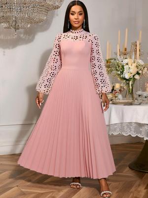 Pink Patchwork Lace Pleated Long Dress with O-Neck Lantern Sleeve Elegant Causal Event Office Wear Ankle-Length Dress