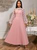 Pink Patchwork Lace Pleated Long Dress with O-Neck Lantern Sleeve Elegant Causal Event Office Wear Ankle-Length Dress