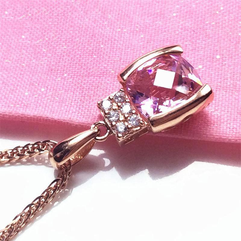 Purple Gold Peach Pink Stone Shiny Pendant, Simple Temperament Rose Gold Plated Necklace