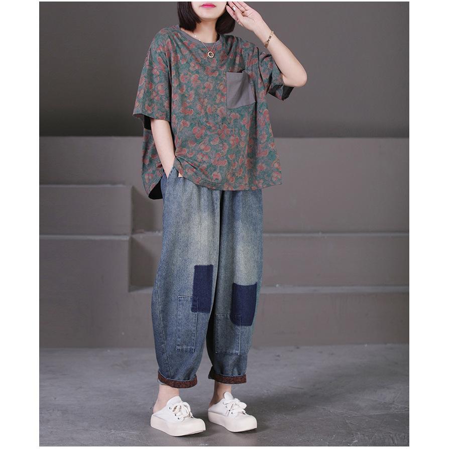 Summer Plus Size Cotton Short Sleeved Women's Retro Floral Cotton T-Shirt with Pocket