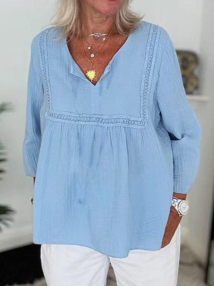 

Нова жіноча однотонна повсякденна кофта з довгим рукавом та V-подібним вирізом, звичайна, багатокольорова жіноча футболка XXXL