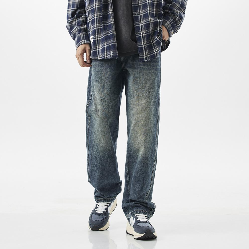 Retro loose American street jeans men's and women's casual fat mopping pants washed blue retro straight pants