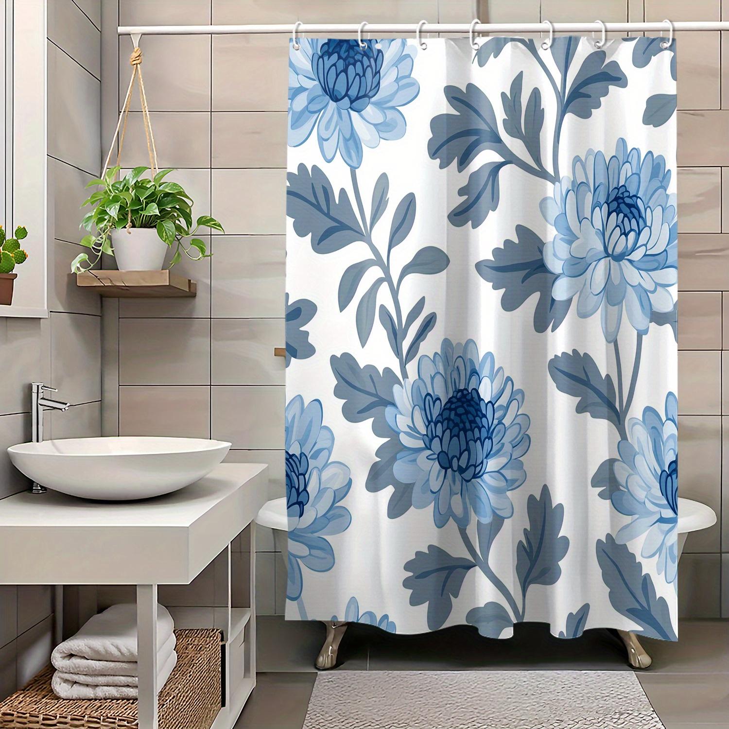

1 piece of fresh country style blue and white chrysanthemum branch print shower curtain, machine washable, polyester fabric 90X180cm