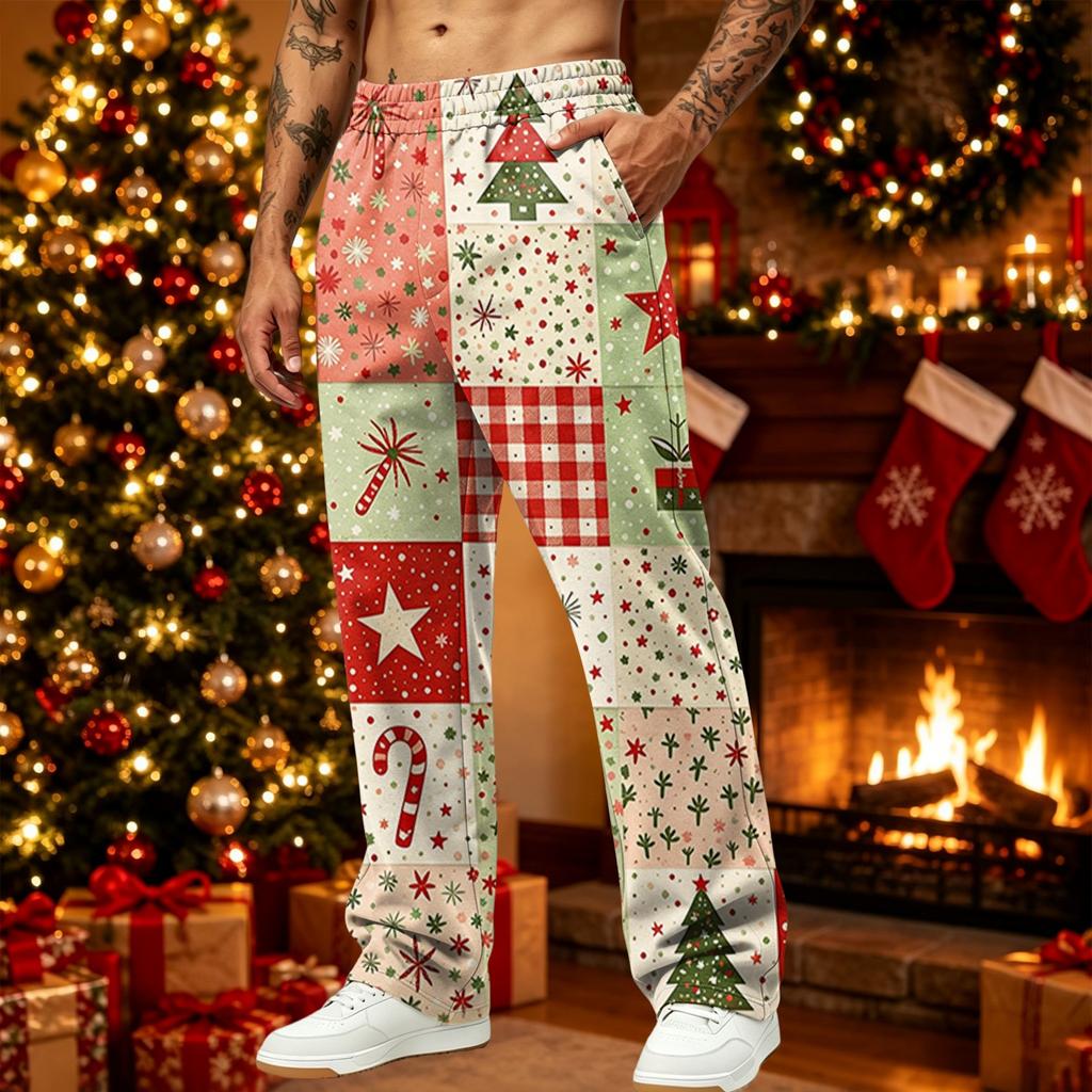 Men's Loose Fit Christmas Print Casual Pants with Pockets for Holiday Daily Wear