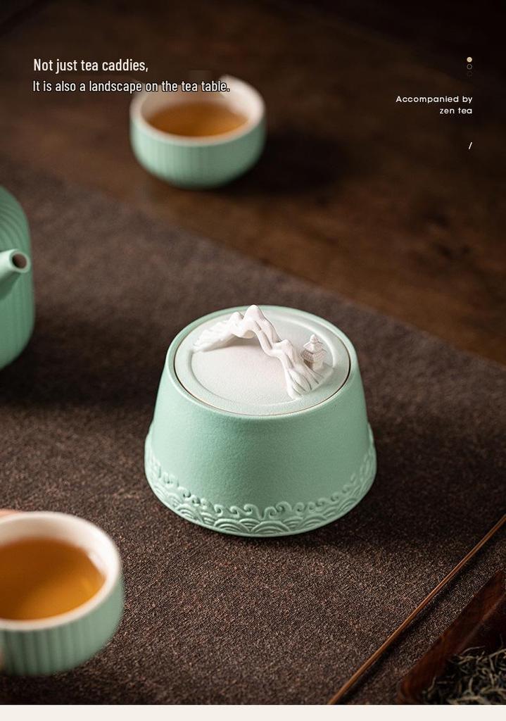 Chinese-Style Ceramic Tea Caddy: Small Mountain Viewing Sealed Jar with Moisture-Proof Packaging for Red and Green Pu'er Tea