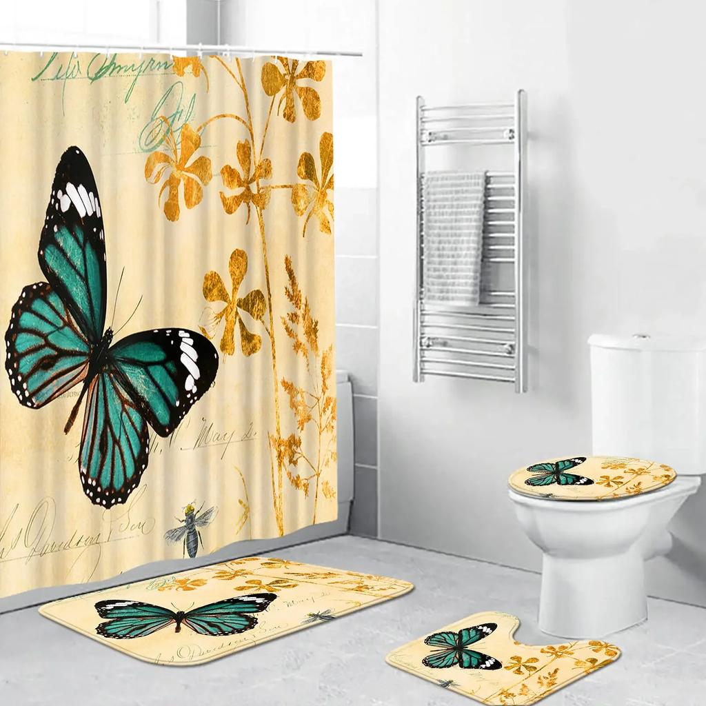 Big Butterfly Beautiful Polyester Shower Curtain Set Bathroom Set Waterproof Curtains Bath Mat Set Toilet Lid Cover 4 Pcs Decor