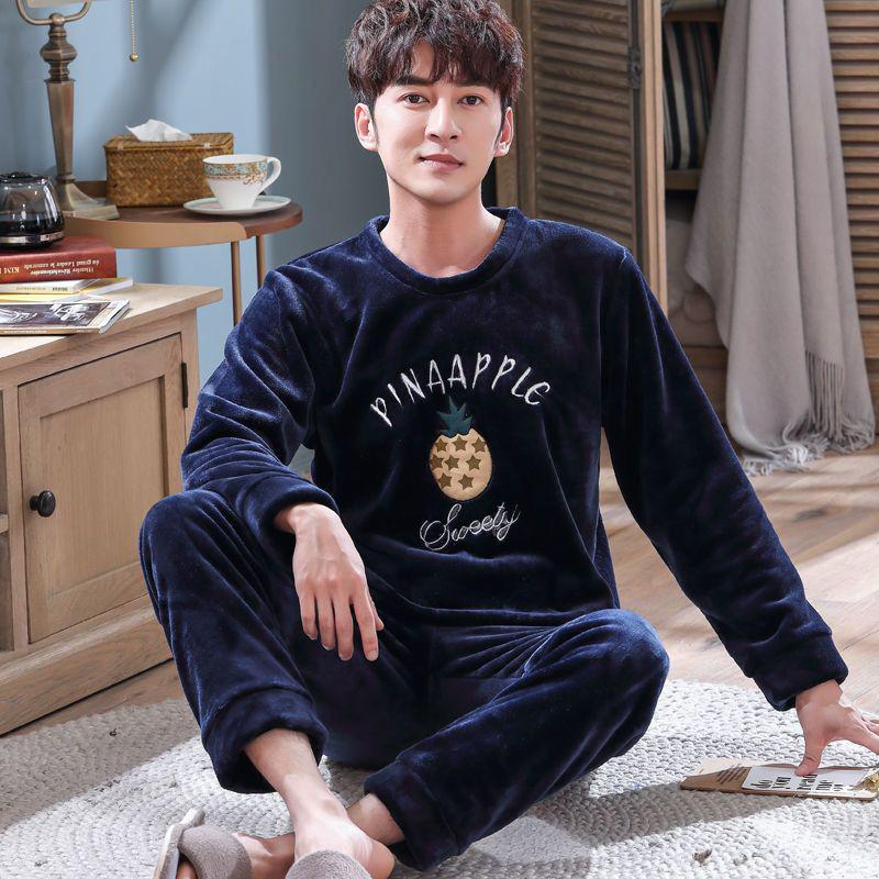 Men's 2024 Coral Fleece Flannel Long Sleeve Loungewear Set for Winter, Spring, and Autumn