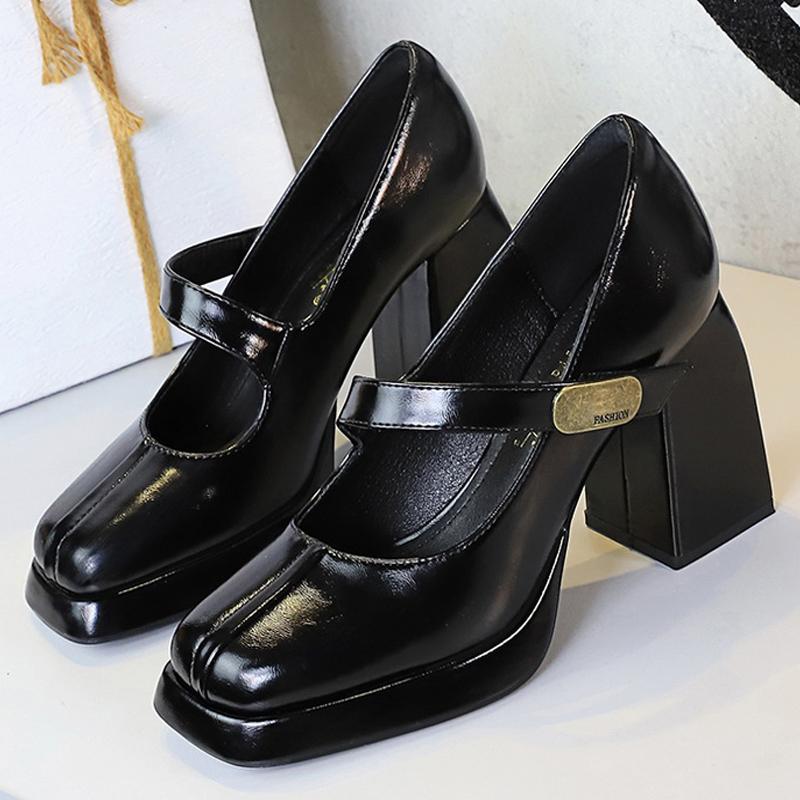 Boty Retro Robustní Dámské Lodičky Blokový Podpatek Dámské Boty Kovová Spona Střední Podpatek Boty Platforma Vysoké Podpatky 9 cm Dámské Boty