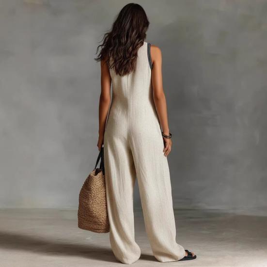 Summer Jumpsuits for Women Stand-collar Sleeveless Loose Overalls with Pockets V-neck Casual Wide Leg Rompers