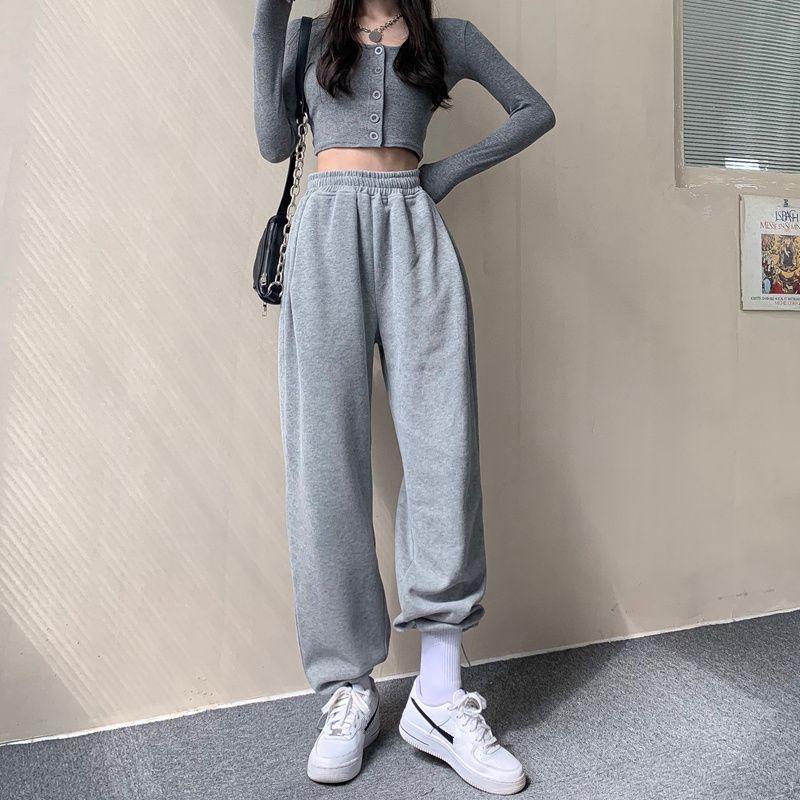 Graue Samt-Freizeithose für Damen im Herbst und Winter, verdickte Hose mit weitem Bein, lockere, schlankmachende, faule Sporthose mit hoher Taille