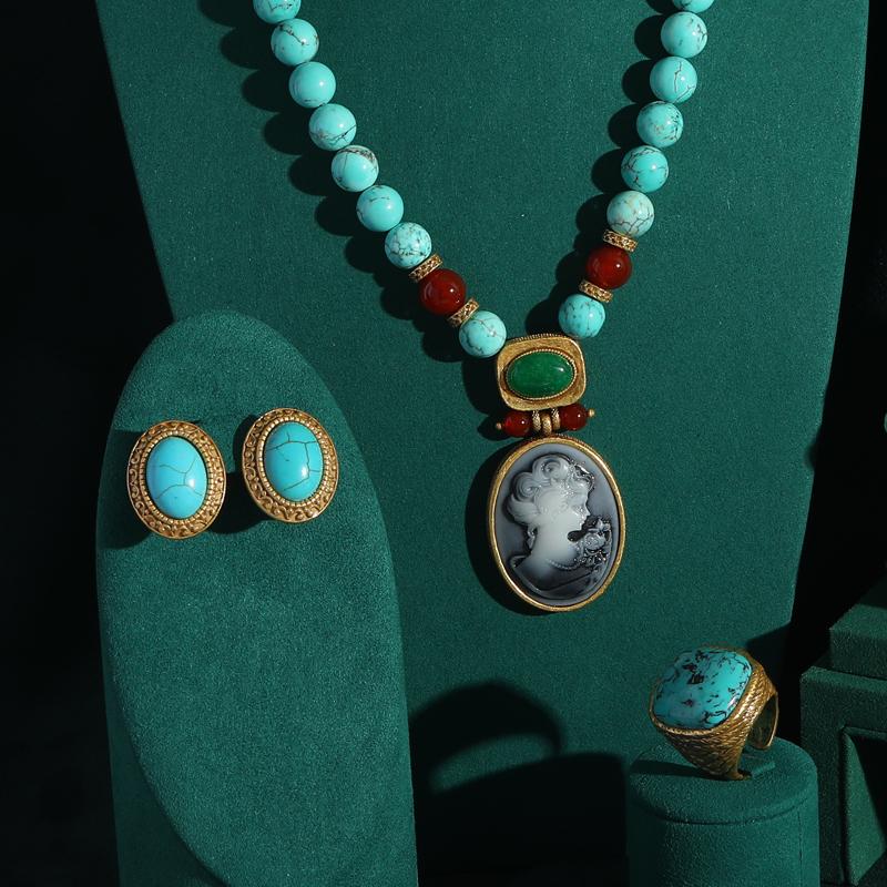 Vintage Blau Naturstein Böhmischer Stil Cameo Schönheitskopf Türkis Schmucksets Für Frau Halskette Und Ohrring Perlen Antik