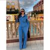 Women's Denim Suit Long Sleeved Lapel Pocket Top with Tie Up Straight Leg Pants Two-piece Set
