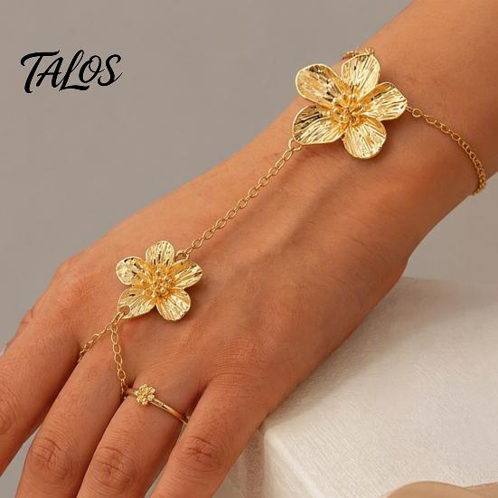 Adjustable Gold Chain Bracelet Flower Hand Link with Finger Ring for Matte Gilt Women Women, Hibiscus Flowers O Bracelet, Floral Fairy Jewelry