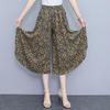 Women's Floral Cotton Silk Wide-Leg Skirt Pants - Summer Casual Elastic Waist, Plus Size, Lightweight Seven-Point Length.