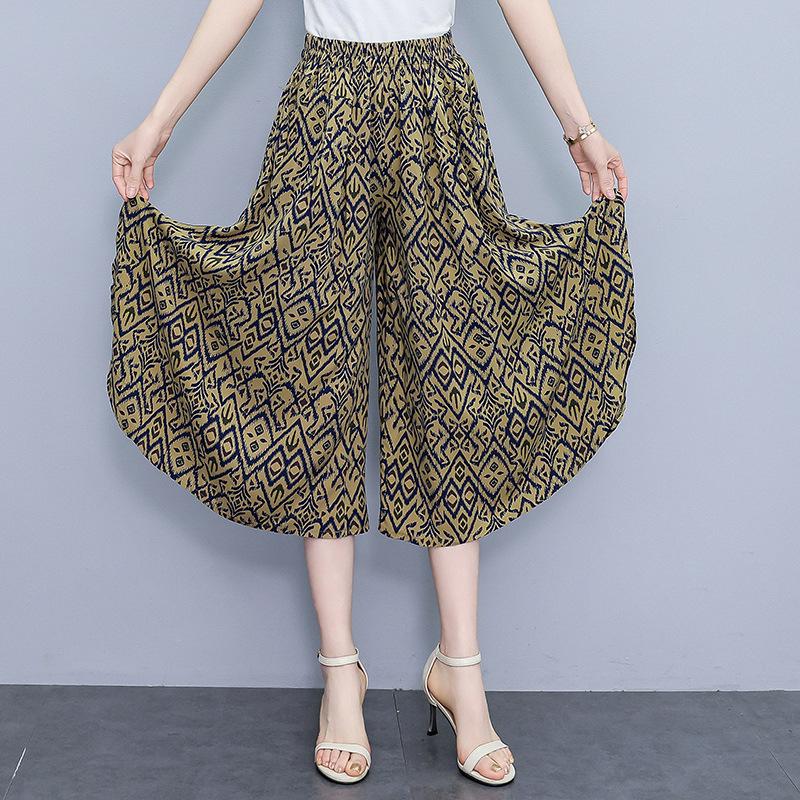 Women's Floral Cotton Silk Wide-Leg Skirt Pants - Summer Casual Elastic Waist, Plus Size, Lightweight Seven-Point Length.