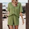 Fashion Women's New Cotton And Linen Casual V-neck Single Breasted Loose Shorts Set