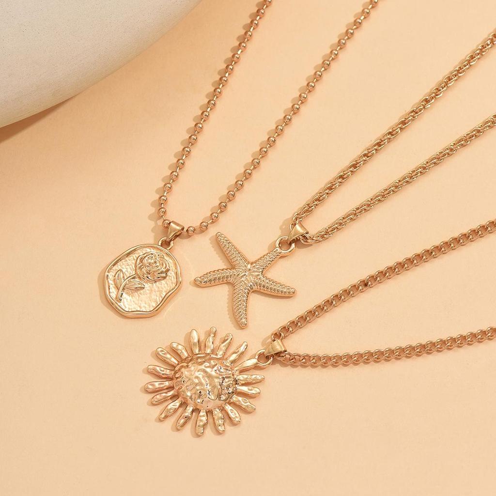 European-American Versatile Starfish Rose Sun Pendant Necklace Set for Women