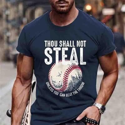 Men's Funny Baseball Pun Graphic T-Shirt - 'Thou Shall Not Steal Unless You Can Beat The Throw' Short Sleeve
