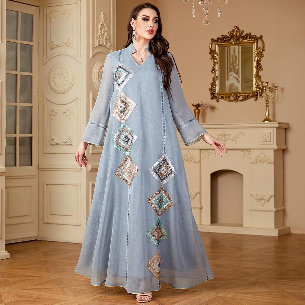 Rochie Abaya cu mâneci lungi cu paiete pentru femei - Stil Arabia Saudită și Dubai
