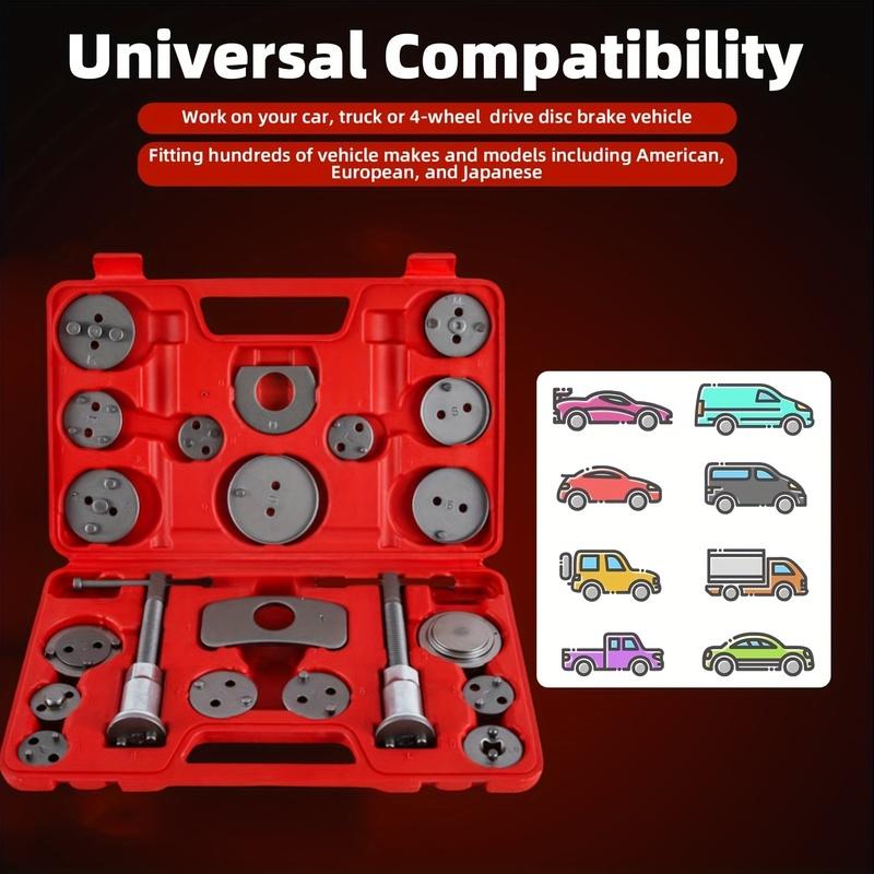 24Pcs Disc Brake Caliper Piston Compressor Rewind Tool Set with 18 Adapters, Dual Handed Thrust Bolts, Retainer Plates and Glove