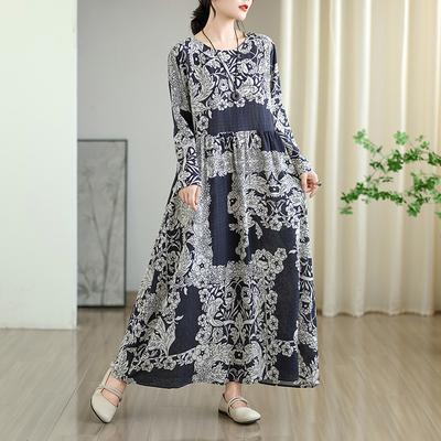 DIMANAF New 2025 Women Plus Size Spring Long Dress Loose Basic Vintage Oversize Long Sleeve Maxi Floral