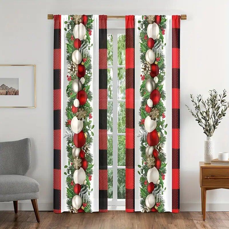 Set Of 2 Christmas Balls Pine Leaves Pinecones Printed Curtains Window Decorations Home Room Made Polyester