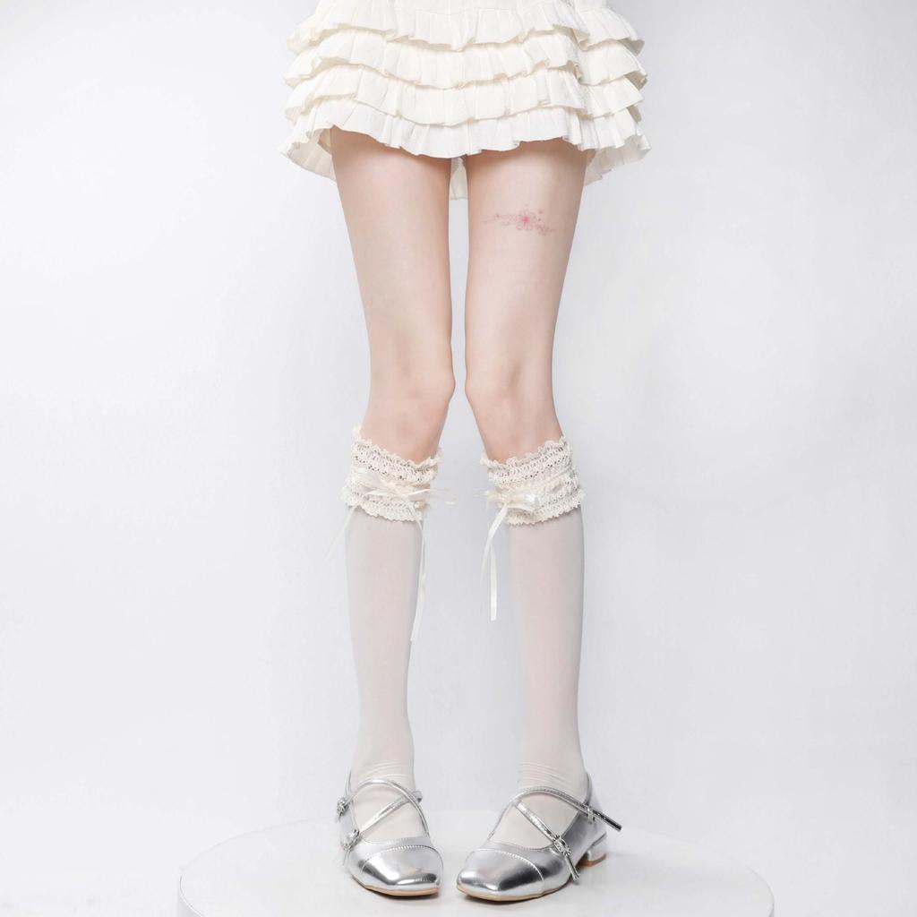 White Velvet Calf-Length Ballet Socks with Lace Trim - Lolita Japanese Style