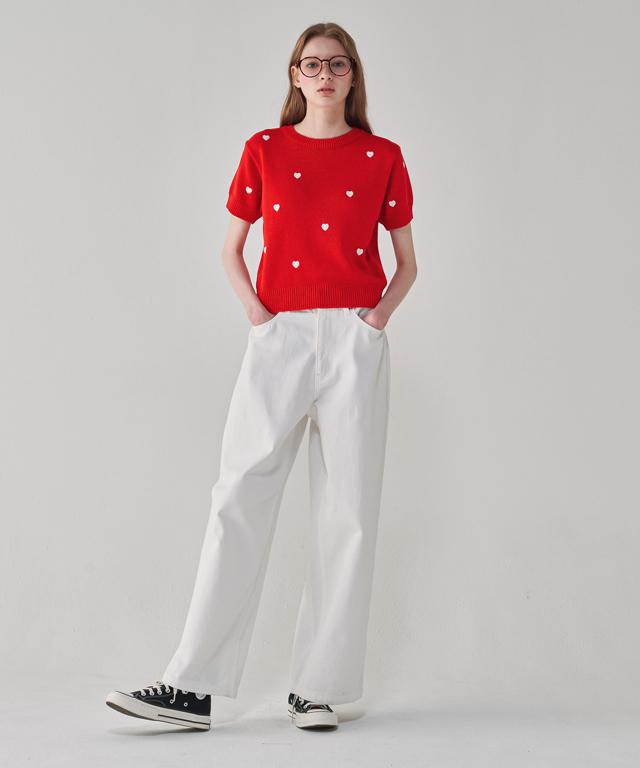 RONRON Heart Pattern Short Sleeve Knit Red