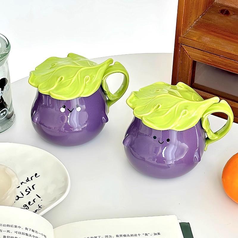 Baifenbai Home Furnishing Men's Eggplant Creative Ceramic Mug Large Capacity Couple Water Cup With Lid Breakfast Coffee Cup And Wo Birthday Gift