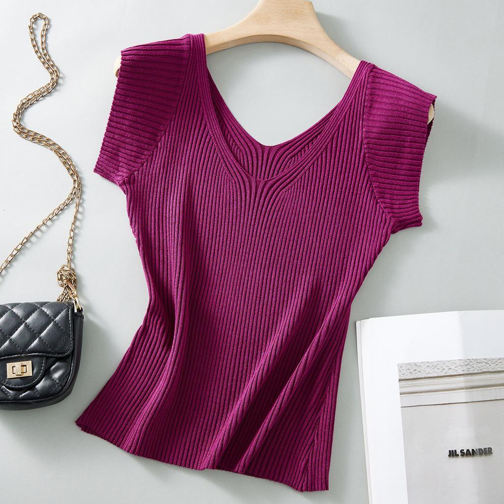 A High-bust, Small-waisted, Hot Girl with Flying Sleeves, Ice Silk, Short-sleeved, Summer-striped Knitted T-shirt, and A Pure and Sensual Top