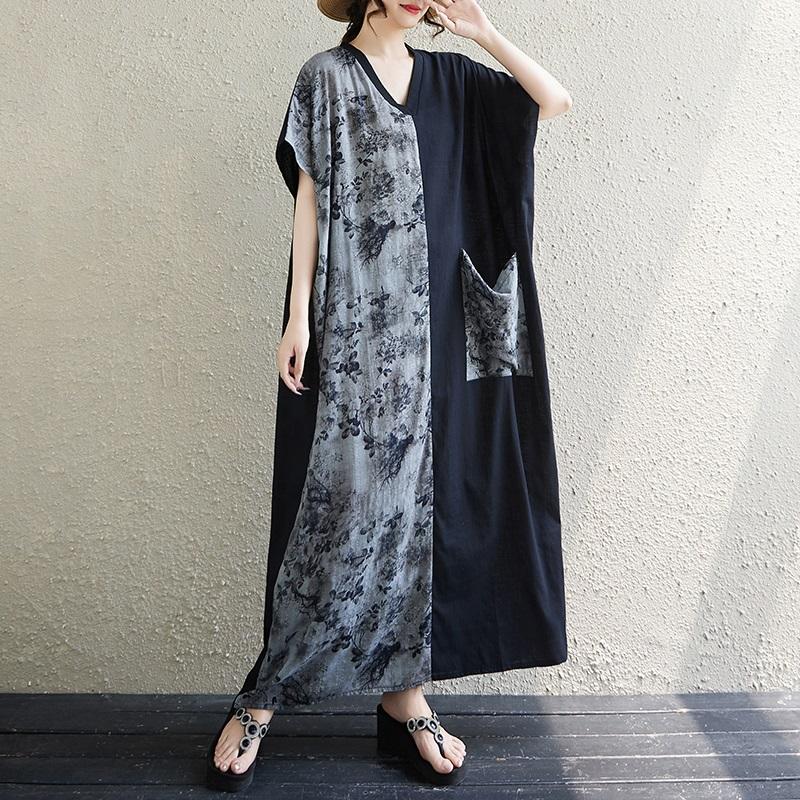 Kurzarm Plus Size Baumwolle Vintage Blumenmuster Neu in Kleidern für Damen lässig locker Maxi langes Sommerkleid