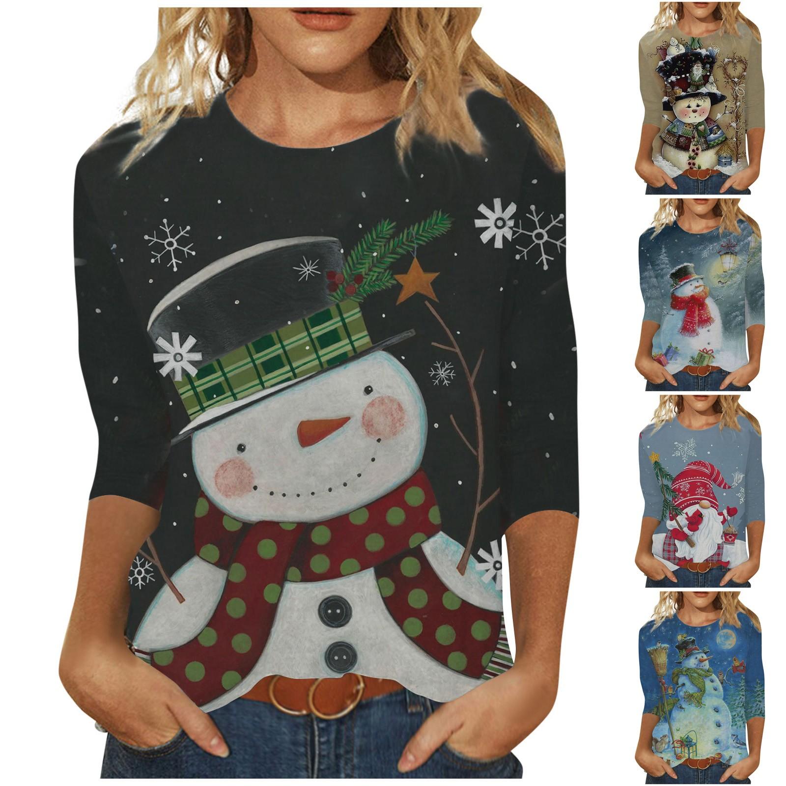 

Женская мода, повседневная блузка с рукавом три четверти, рождественским принтом и круглым вырезом, пуловер