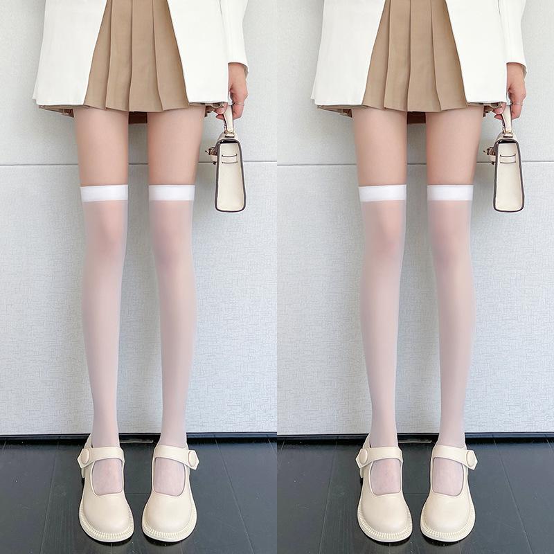 Summer Thin Sheer White Long Tube Socks Japanese JK Lace Trim Over-the-Knee Socks Sweet Bow High Tube Socks