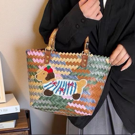Dackel Welpe Gewebte Handtasche mit Bambusgriff Vintage Strandtasche