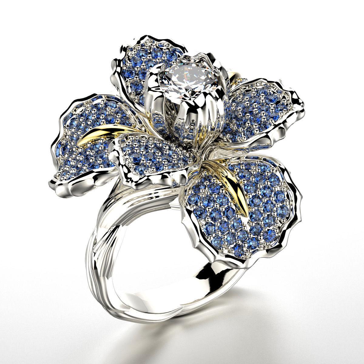 Women s Blue Topaz Floral Ring Micro Paved Diamond Iris Design Double Tone Cocktail Engagement Jewelry no. 6