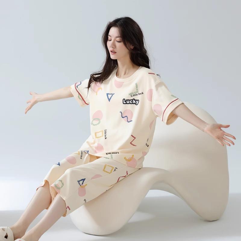 Korean minimalist style pajamas for women, summer cool thin cotton striped cropped pants, letter short-sleeve crew neck loungewear set