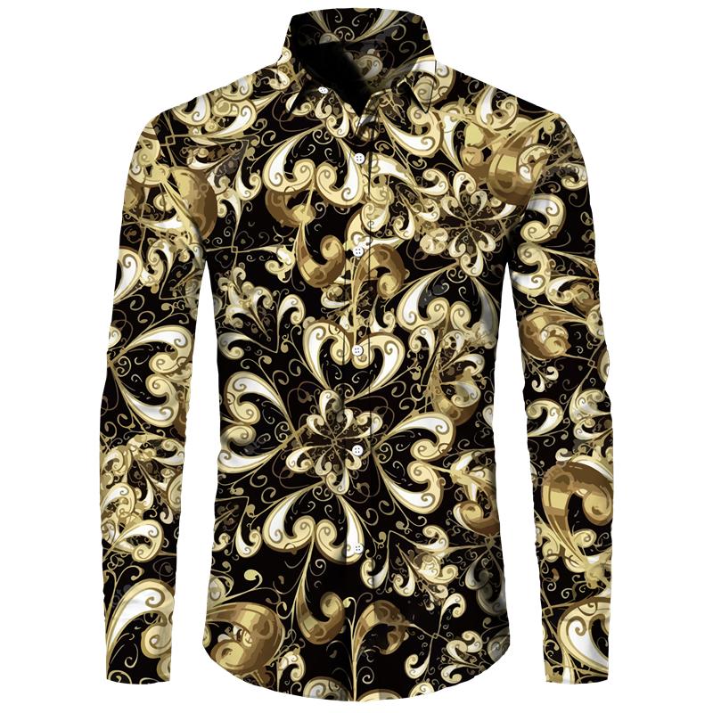 Golden Flower Pattern Print Men's Shirts Casual Single-Breasted Cardigan Long Sleeve Shirt Fashion Trend Tops Men Clothing