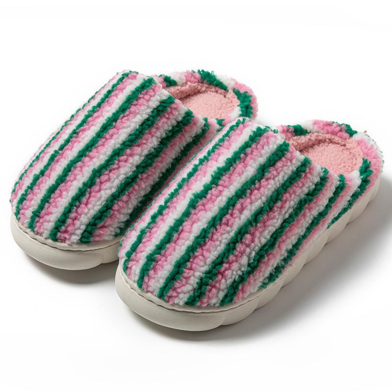 Cotton slippers autumn and winter home warmth thick bottom velvet couple outdoor vertical stripes simple wool slippers
