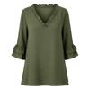 Womens Ruffled 3/4 SleeveTopsContton Linen V Neck  Blouses Loose Casual Shirts