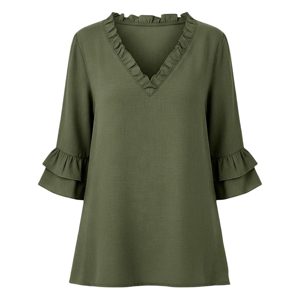 Womens Ruffled 3/4 SleeveTopsContton Linen V Neck  Blouses Loose Casual Shirts