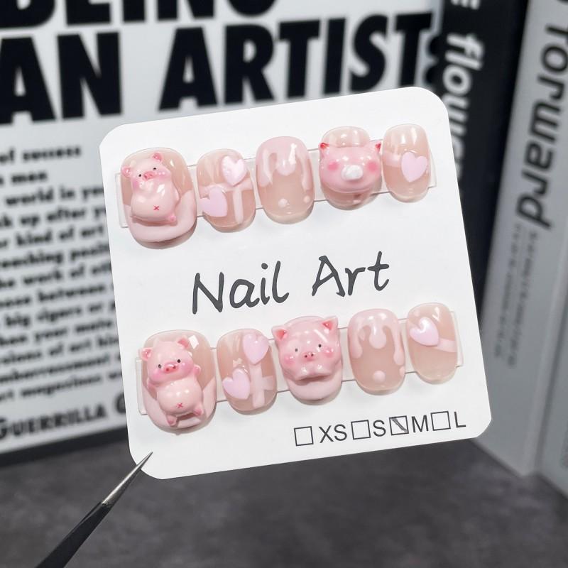 Handmade Press-On Nails Short Round Style With Heart Design Sweet Cute Pig Motif French Tip Nail Art Women Extra Small