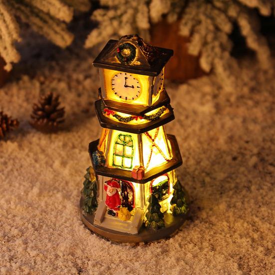 Christmas Village House Figurine LED Light Up Clock Tower Ornament Resin Tabletop Decoration for Holiday Winter Home Decor