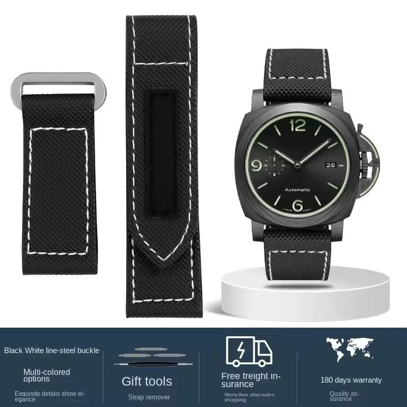 24mm 26mm High Quality Nylon Fabric Watch Band Fit for Panerai Luminor PAM01118 Army Green Canvas Genuine Leather Strap Bracelet