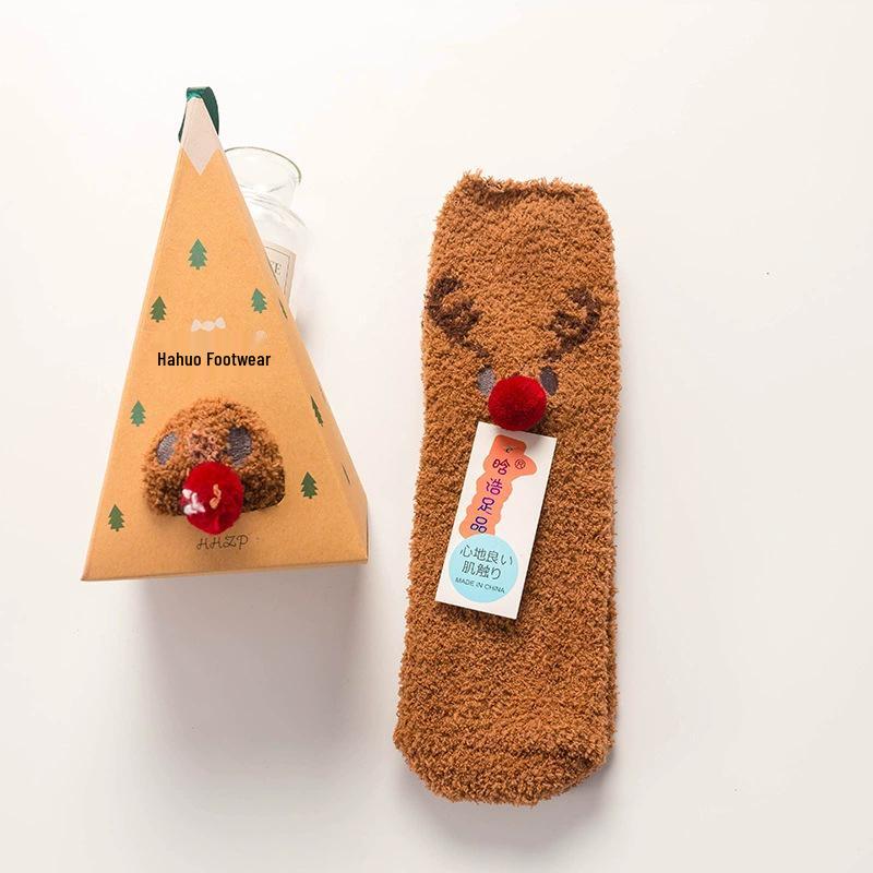 Japanese Christmas Cartoon Socks: Cozy Coral Fleece with 3D Embroidery for Women